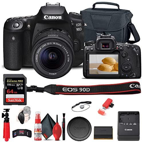 Canon EOS 90D DSLR Camera with 18-55mm Lens (3616C009) + 64GB Memory Card + Case + Card Reader + Flex Tripod + Hand Strap + Cap Keeper + Memory Wallet + Cleaning Kit (Renewed) | Amazon (US)