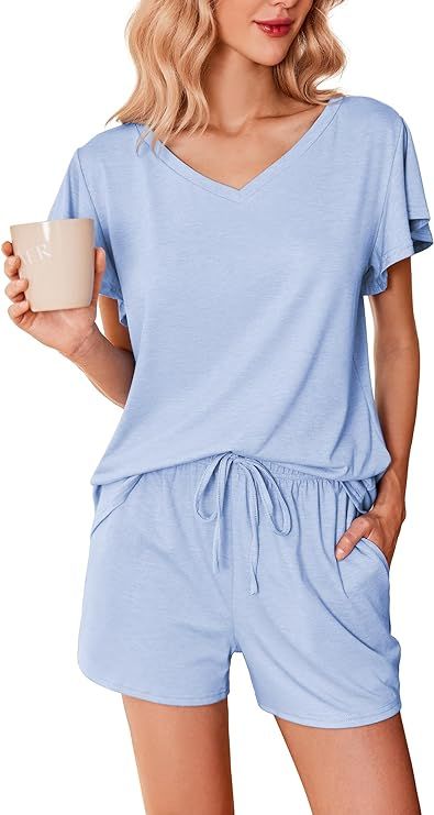 Ekouaer Women's Pajamas Set Ruffle Sleeves Sleepwear V Neck Comfy 2 Piece Pjs Loungewear Set with... | Amazon (US)
