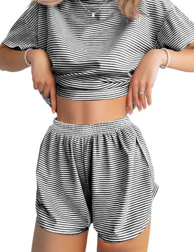 JUSTFASHIONNOW Womens Pajama Sets Shorts Striped Print Two Piece Lounge Sets Crew Neck Sleepwear ... | Amazon (US)
