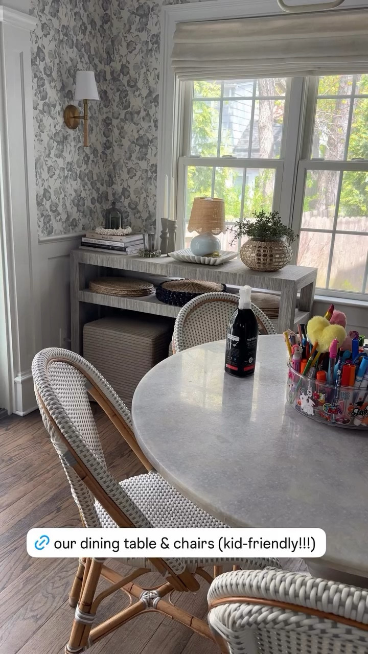 This marble table and dining chairs have been so great for our family. The marble wipes clean with kit soap and water (or method marble cleaner) and these rattan chairs also wipe waliy. We have had them all for abi it 8 years now!!

Our exact table is no longer sold but I’ve linked a very similar option… 

breakfast nook, Kitchen, kitchen inspo, kitchen decor, spring home, spring decorating, console table decor, Serena & Lily, wallpaper, girlonthehudson, neutral home, modern coastal, minted art, cozy home

#LTKHome #LTKSaleAlert #LTKKids