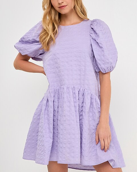 English Factory Back Tie Jacquard Puff Sleeve Shift Mini Dress | Express