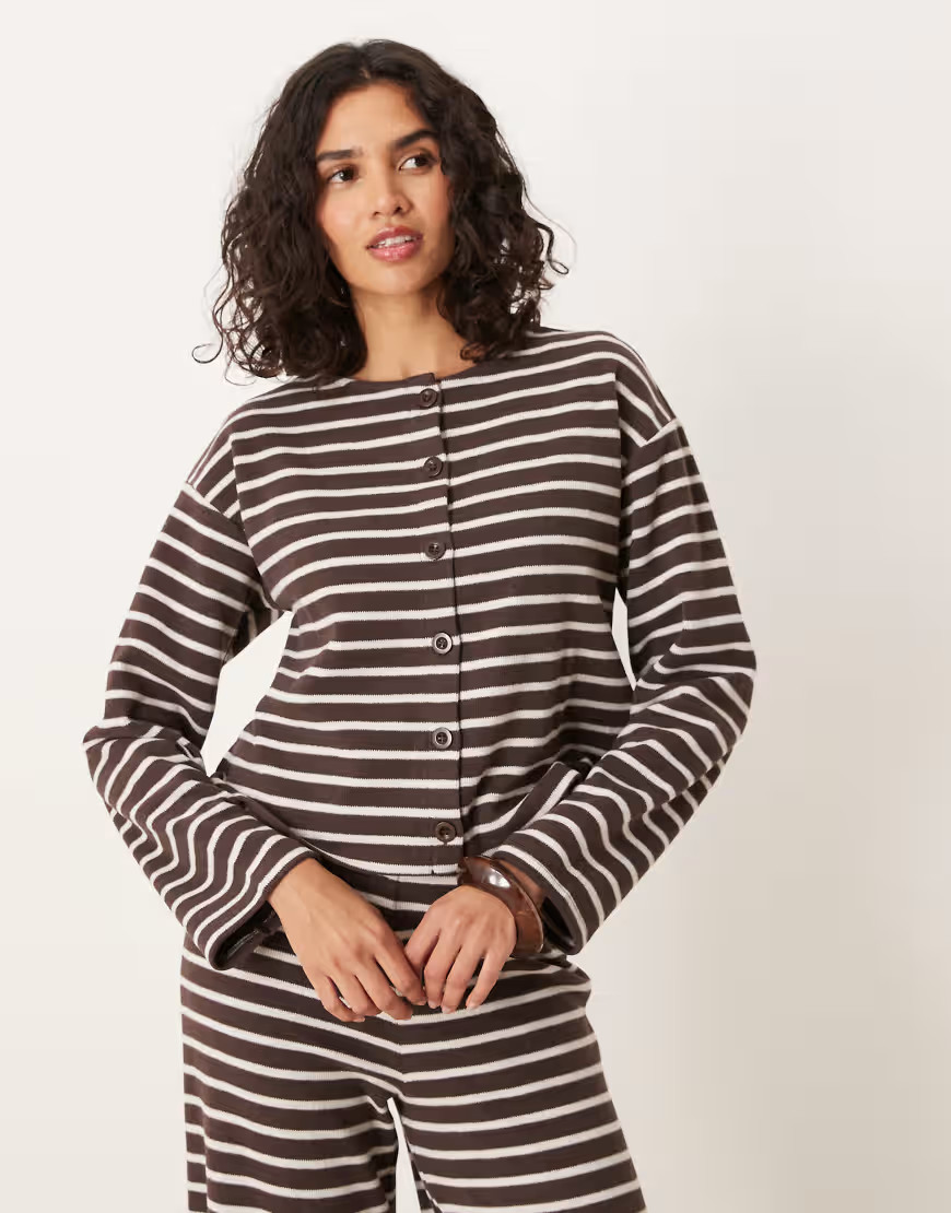 ASOS DESIGN brushed stripe button through long sleeve co ord top in chocolate-Brown | ASOS (Global)