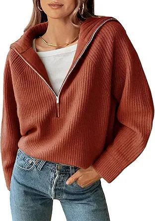 BTFBM Womens Sweaters Quarter Zip Pullover V Neck Collar Long Sleeve Ribbed Knit Loose Casual 202... | Amazon (US)