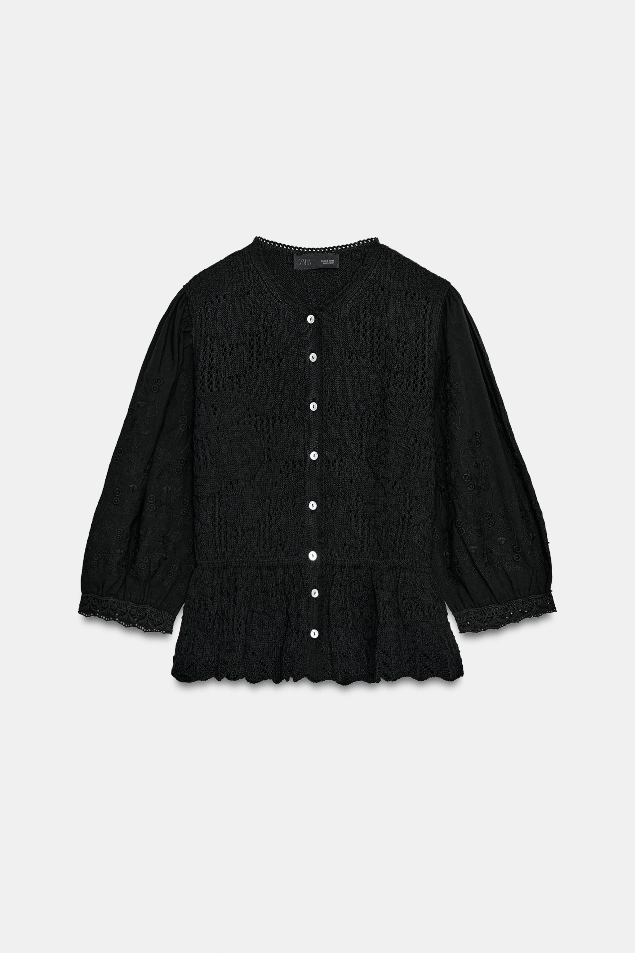 Round neck jacket with below-the-elbow sleeves featuring mixed-fabric detailing. Front button clo... | Zara US