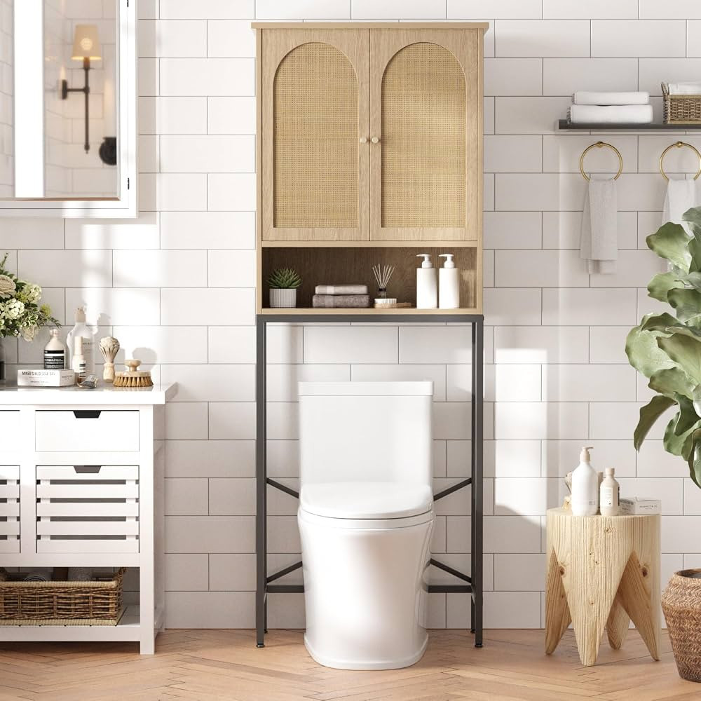 Rattan Toilet Storage Cabinet, Over The Rack Wood Cabinet with Metal Stand, Bathroom Organizer wi... | Amazon (US)