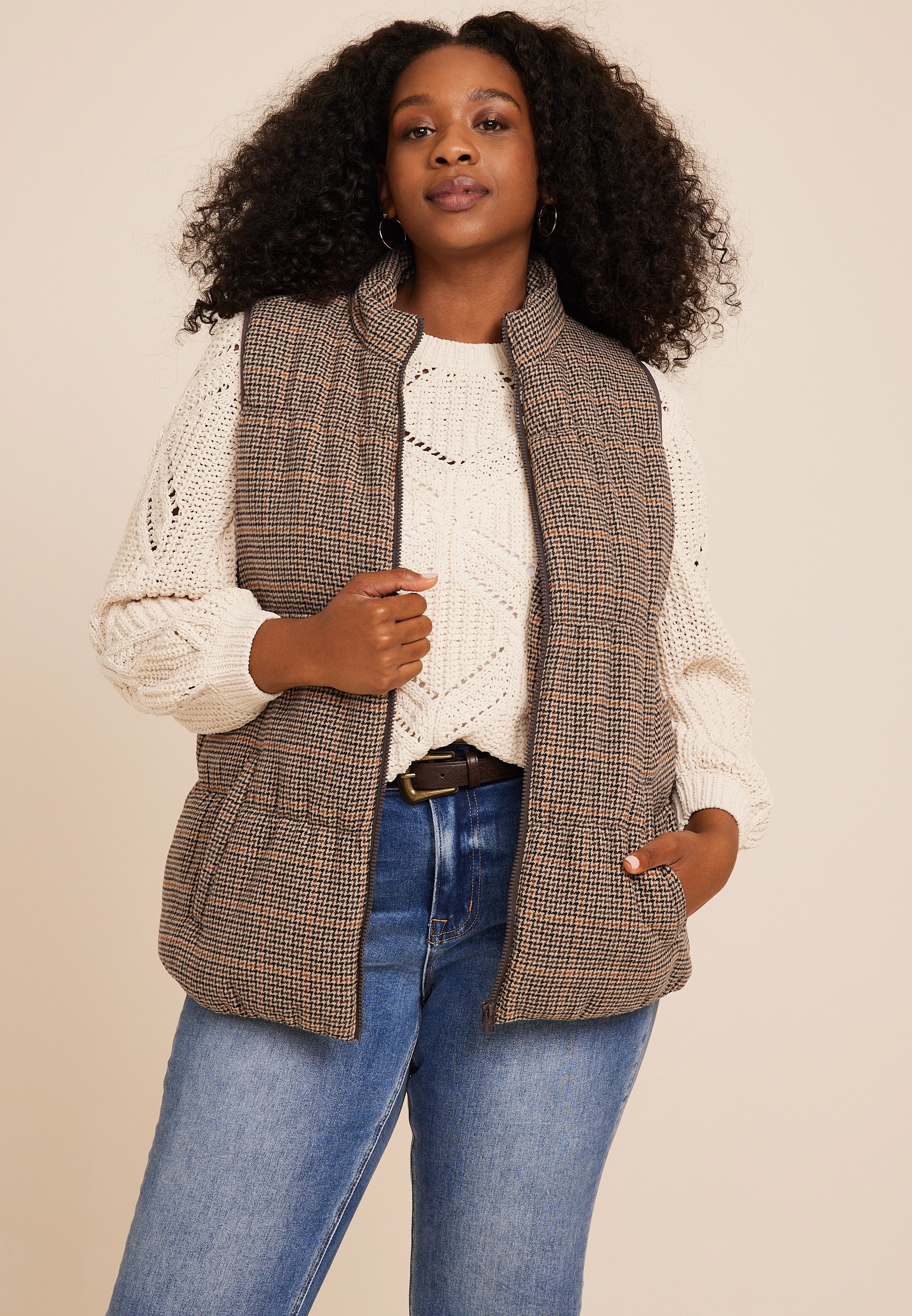 Maurices Plus Size Women's Plaid Puffer Vest Brown Size 1X | Maurices