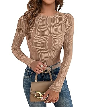 PRETTYGARDEN Women's Tops 2026 Spring Fashion Long Sleeve Crewneck Blouse Fitted Textured Basic K... | Amazon (US)