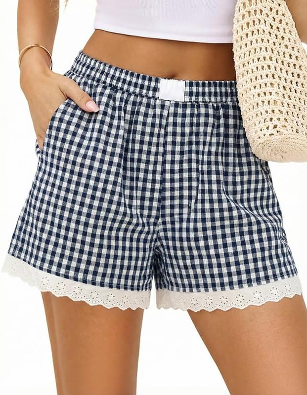 Marvmys Womens Boxer Shorts Cotton Pajama Bottoms Summer Gingham Ruffle/Lace Shorts Casual Y2K Be... | Amazon (US)