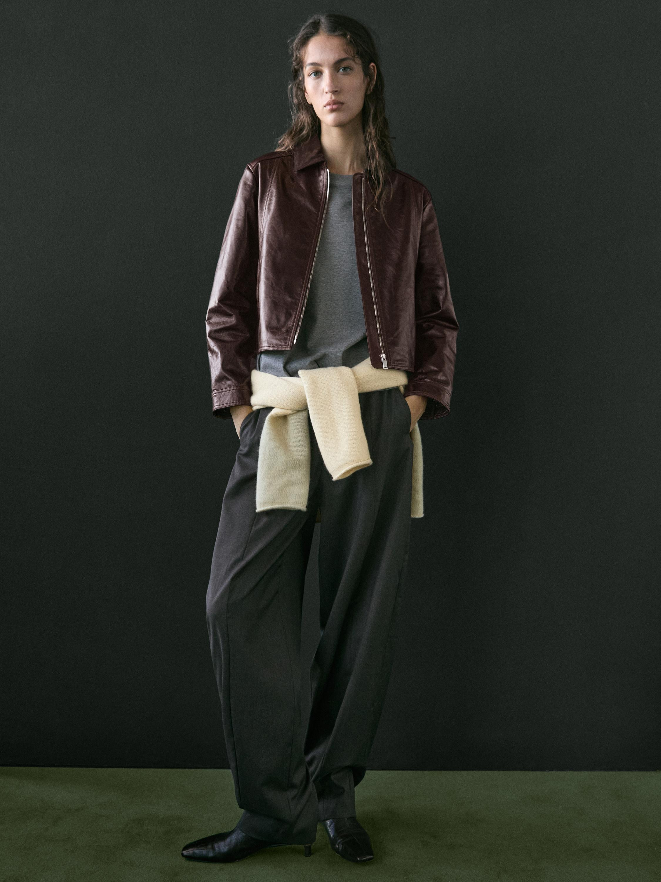 Nappa leather jacket with contrast suede collar | Massimo Dutti UK