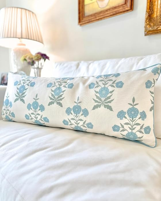 Amelia Lumbar 14" x 36" Floral Throw Pillow Cover Blockprint Grandmillennial Home Decor | Amazon (US)