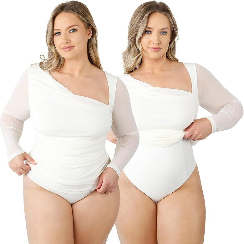 SHAPELLX Long Sleeve Bodysuit Tummy Control Shapewear Built in Bra 2 in 1 Bodysuit Tops Thong Ful... | Amazon (US)