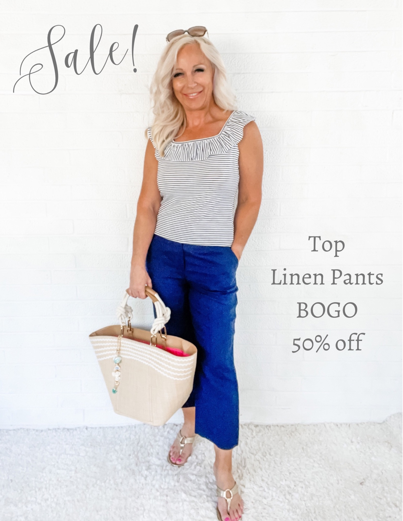 Pair this striped ruffle tank with navy linen pants for an elevated casual outfit. The straw tote has seashell and mermaid charms to add that coastal grandmother touch to the outfit. Tank and pants are BOGO 50% off this weekend ONLY. 

Summer Outfit / Over 40 / Over 50 / Petite

#LTKSeasonal #LTKitbag #LTKsalealert