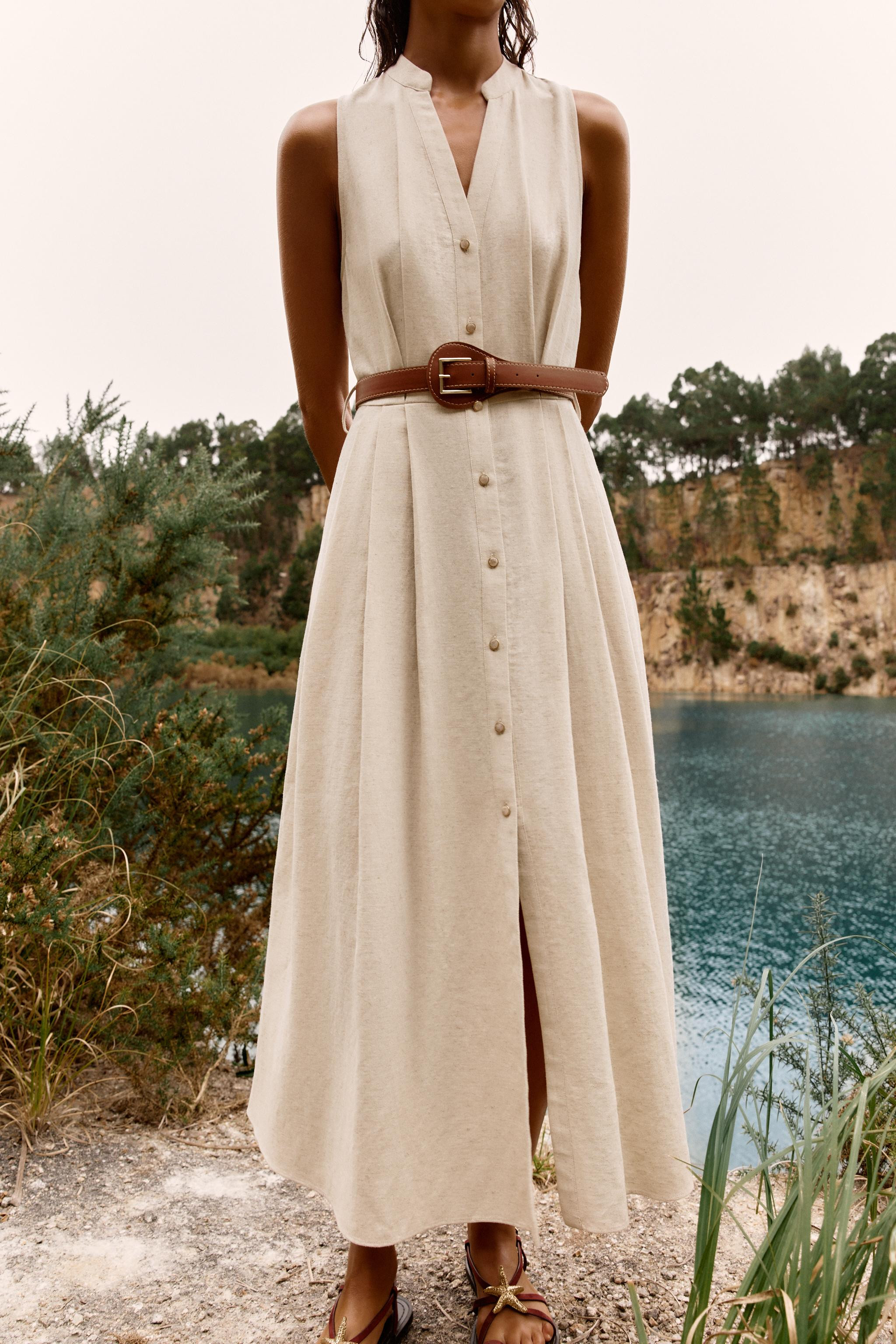 BELTED LINEN MIDI DRESS | Zara US