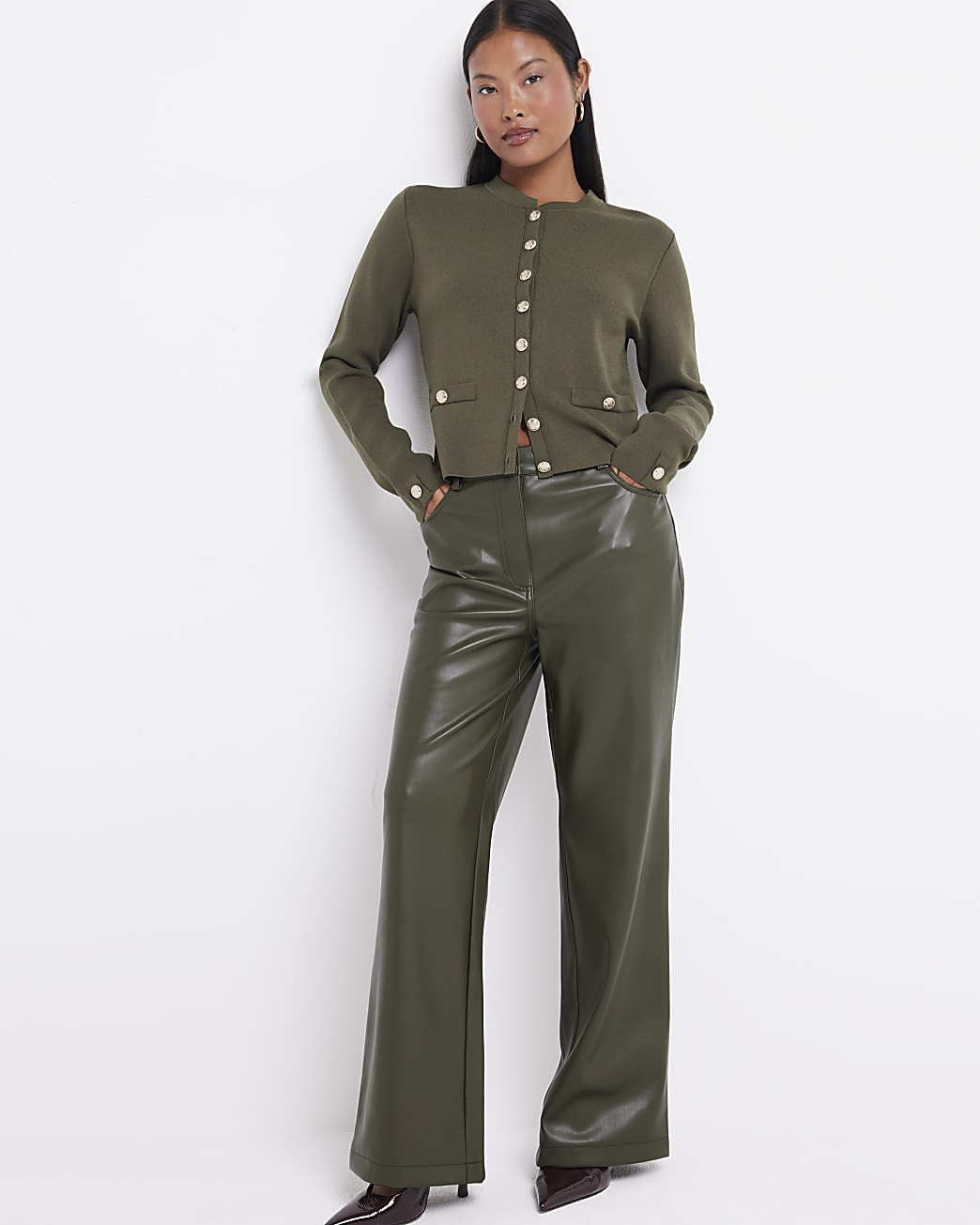 Petite Khaki Faux Leather straight trousers | River Island (UK & IE)