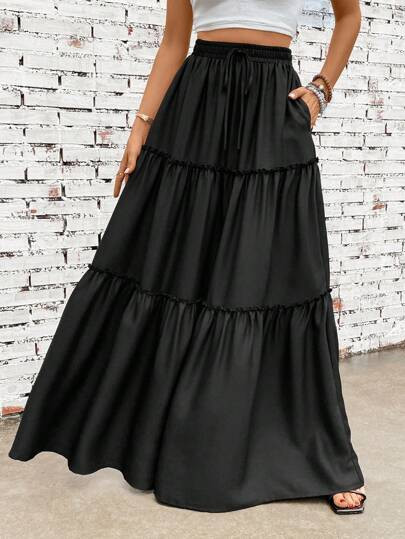 SHEIN VCAY Tie Waist Ruffle Hem Maxi Skirt | SHEIN