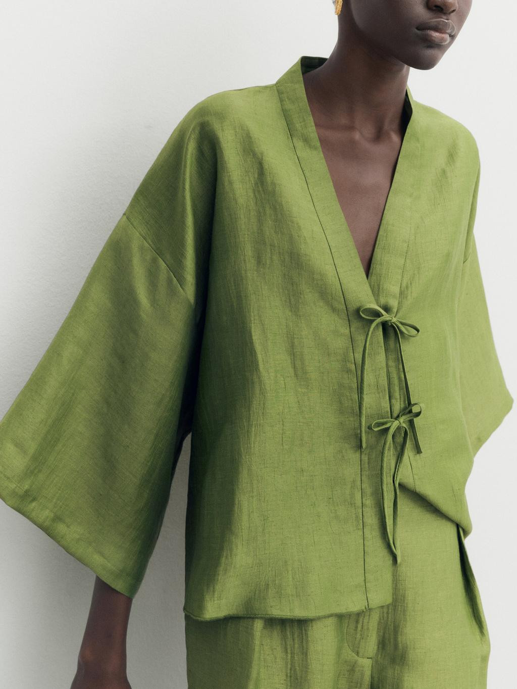 Linen blend kimono blouse with bows | Massimo Dutti UK