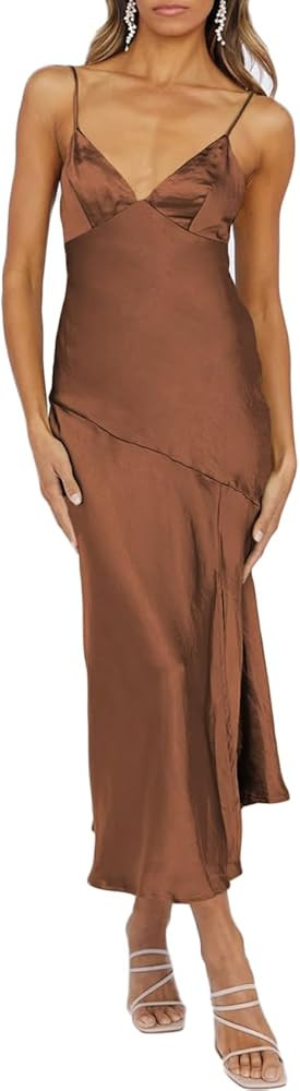 Summer Satin V Neck Silp Midi Dress for Women Wedding Guest 2025 Sexy Spaghetti Strap Backless Lo... | Amazon (US)