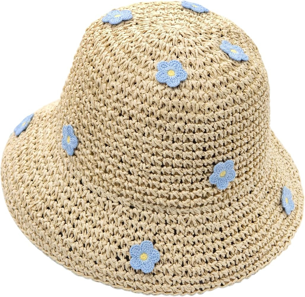 YAMEIZE Wide Brim Straw Bucket Hat - for Women UV Protection Packable Crochet Sun Hat Floral Fold... | Amazon (US)