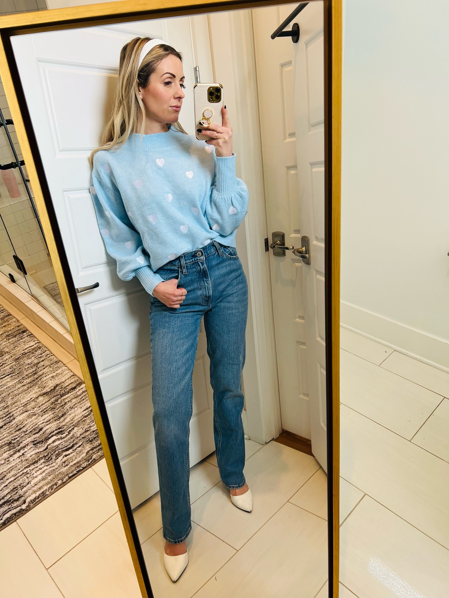 A non-pink Valentines Day outfit! Loveee this sweater, denim, heels combo 

#LTKstyletip #LTKSeasonal #LTKFind