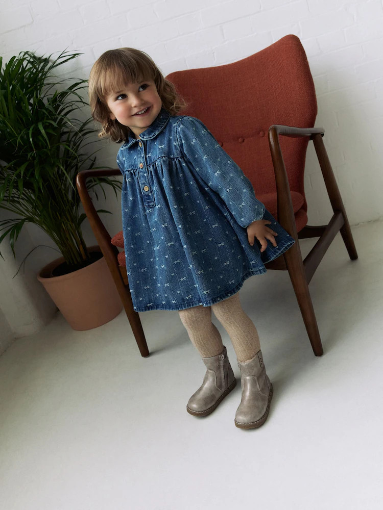 Denim Bow Long Sleeve Collar Dress (3mths-8yrs) | Next US