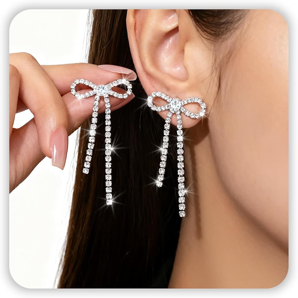 Gold/Silver Earrings for Women, Bow Drop Dangle Long Rhinestone Ribbon Threader Chain Stud Earrin... | Amazon (US)