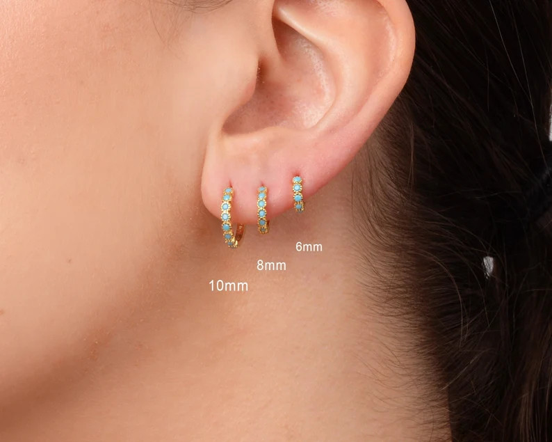 Turquoise Hoop Bezel Earrings Turquoise Small Hoop Earrings Gold Milgrain Hoop Earrings Turquoise... | Etsy (US)