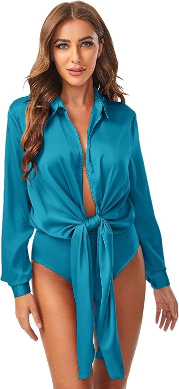 SheIn Women's Bow Tie Satin Bodysuit Plunging Neck Sexy Long Sleeve Blouse Top | Amazon (US)