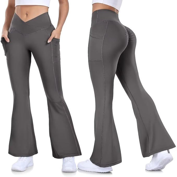 Vertvie Flare Leggings for Women with Pockets V Crossover Bootcut Yoga Pants Scrunch Butt Lifting... | Amazon (US)