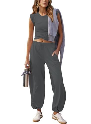 Outfeel Women 2 Piece Outfit Set Loungewear Cropped Tops and Jogger Sweatpant Matching Set Coordinated Sweatsuit with Pockets Dark Gray Large | Amazon (US)