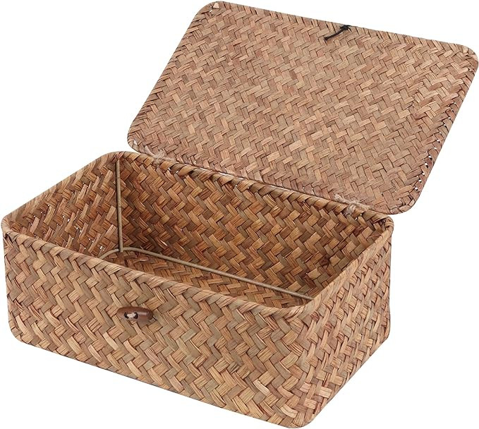 FEIALNDUO Wicker Shelf Baskets with Lid,Seagrass Storage Basket Bins Rectangular Handwoven Basket... | Amazon (US)