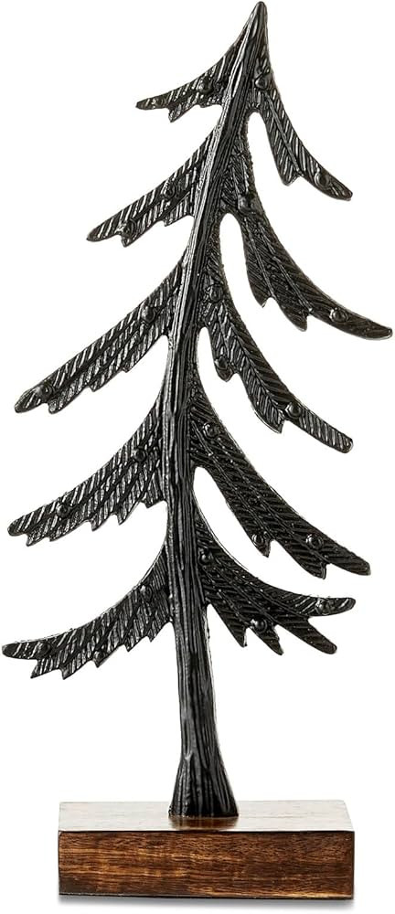 13''H Black Metal Christmas Tree with Flat Brown Wood Base, Minimalist Design for Tabletop, Mantel, Shelf Decoration, Gift | Amazon (US)