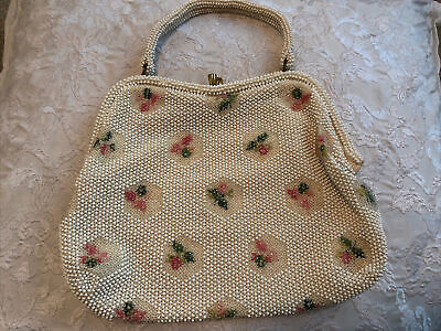 Vintage Beaded Purse Hand Bag 50s 60s White Pink Roses  Kiss Lock | eBay AU