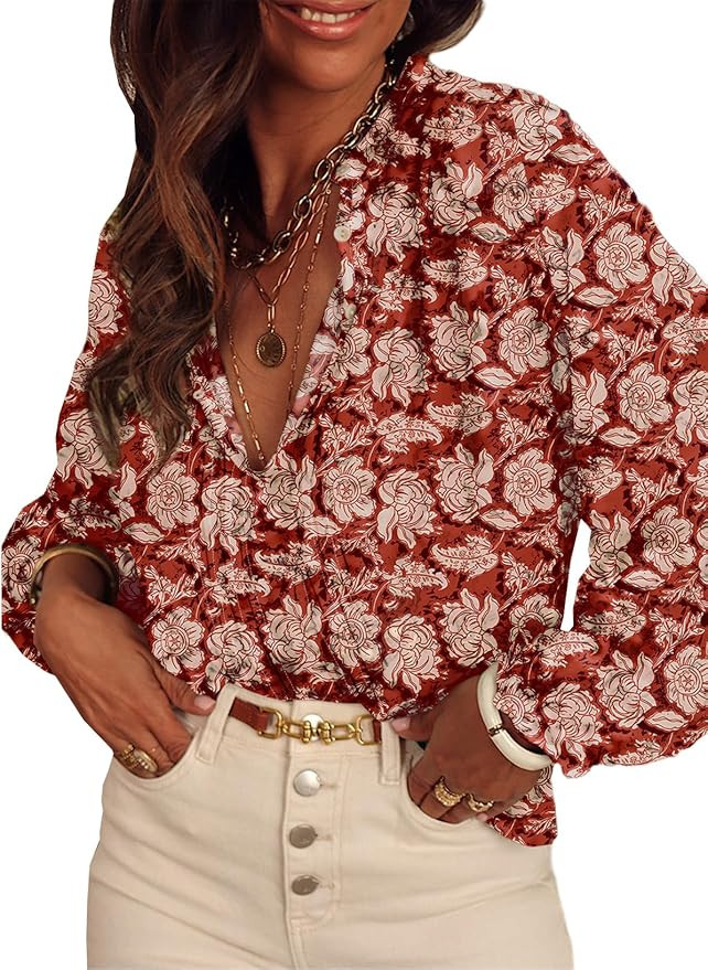 SHEWIN Women's Tops Casual V Neck Long Sleeve Shirts Floral Boho Blouses Tunics | Amazon (US)
