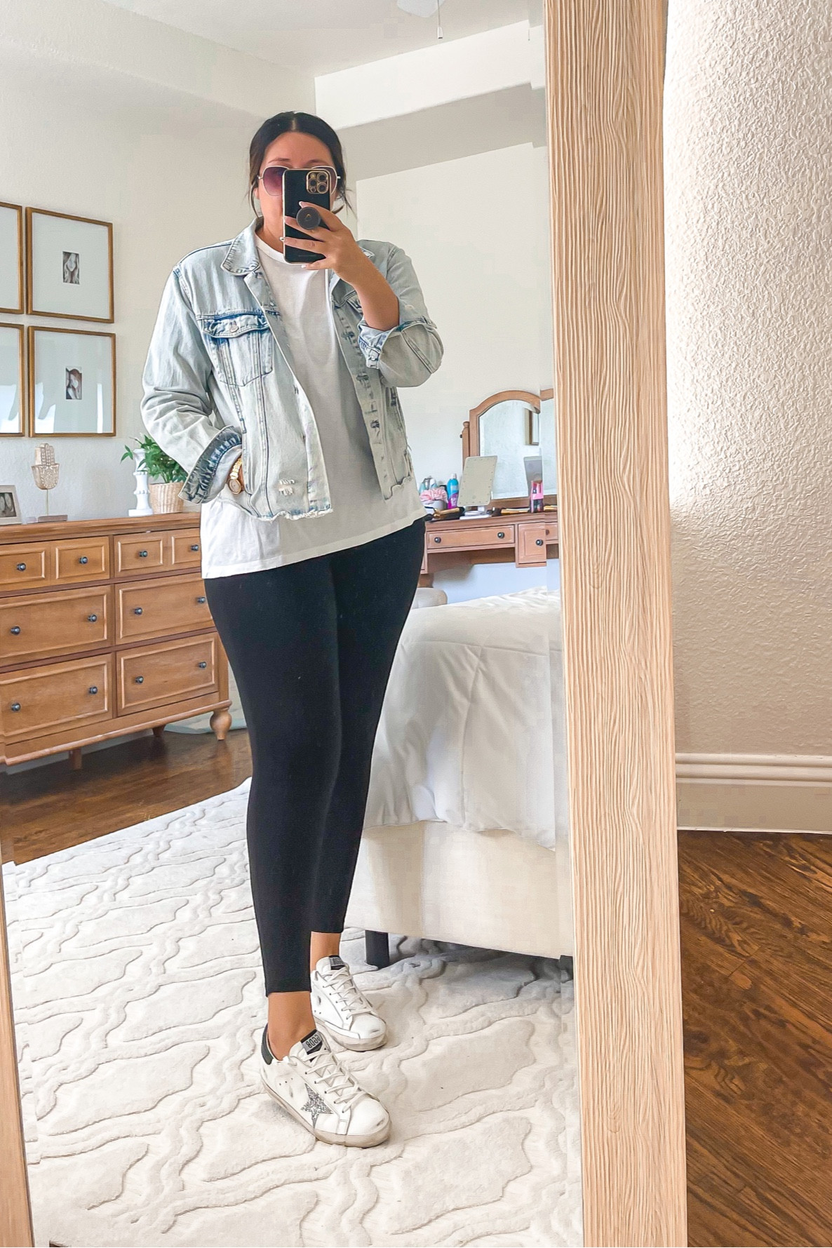 This is my favorite denim jacket ever and I found it on Amazon. It isn’t stiff at all. Several different washes as well. 
Denim jacket, leggings, white tee, sneakers, golden goose 
Fall casual outfit 

#LTKcurves #LTKSeasonal #LTKsalealert