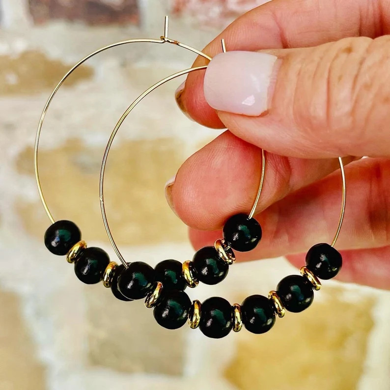 8mm Black Wooden Bead Hoops | Etsy (US)