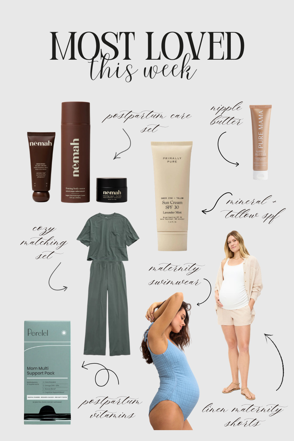 The most loved finds this week, and honestly, the picks are so good. 🤍 Nemah postpartum care set, Pure Mama nipple butter, Primally Pure mineral and tallow SPF 30, a cozy matching set, maternity swimwear, linen maternity shorts, and Perelel Mom Multi vitamins. Use code CORTNEY15 for 15% off Perelel and CMATA for a discount on Primally Pure. Everything linked below 👇 #mostloved #postpartum #maternitystyle #ltkbaby #ltkmaternity #ltkbeauty #newmom 

 #LTKmomlife #LTKBaby #LTKBump