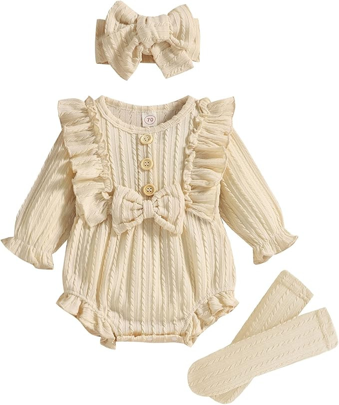 GRNSHTS Newborn Baby Girl Clothes Ruffle Solid Sweater Long Sleeve Romper+Hairband+Socks 3Pcs Fal... | Amazon (US)