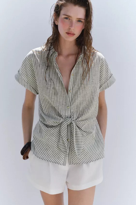 STRIPED KNOT LINEN-BLEND SHIRT | Zara US