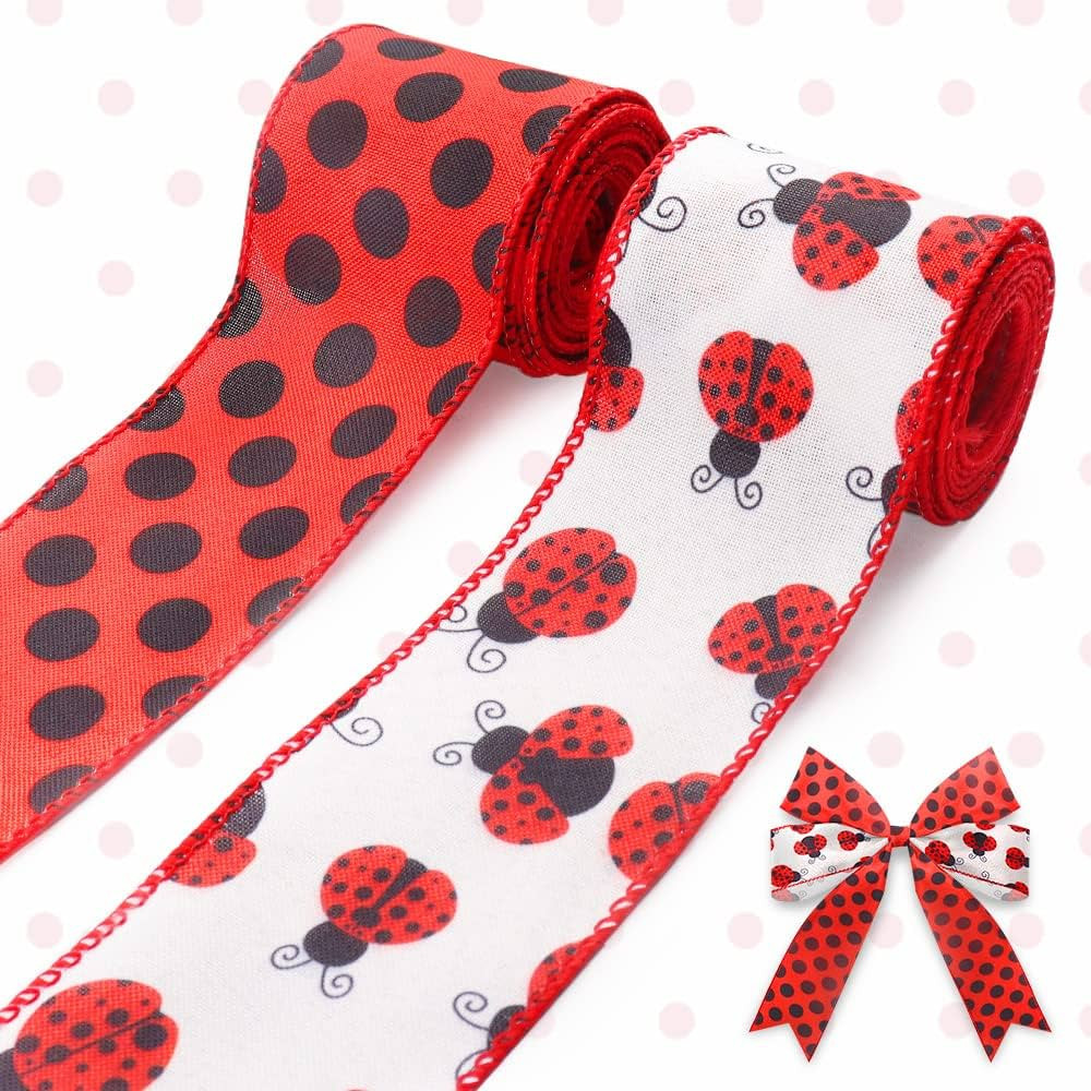 2 Rolls Spring Ladybug Ribbons, Spring Ladybird Red Dots Burlap Wired Ribbons Spring Decor Ribbon... | Amazon (US)