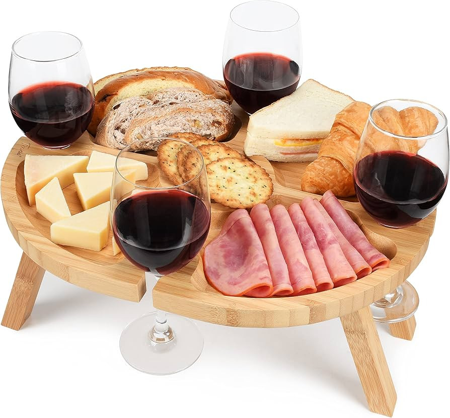 Tirrinia Portable Picnic Table with 4 Wine Glasses Holder, Functional Bamboo Snack Tray Table -Fo... | Amazon (US)