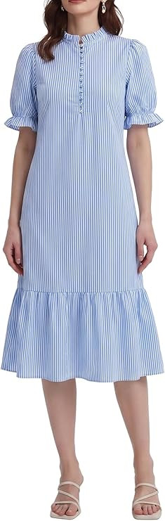 Summer Floral Midi Dress for Women Spring Puff Short Sleeve Button Down Flowy Boho Dresses | Amazon (US)