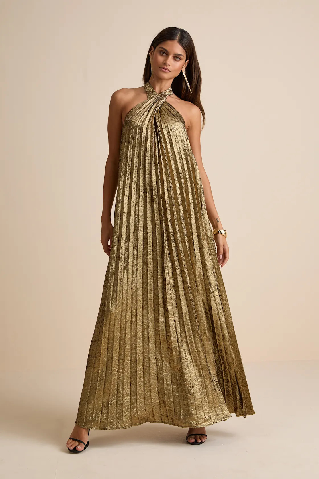 Gelsey Gold Lurex Pleated Halter Shift Maxi Dress | Lulus