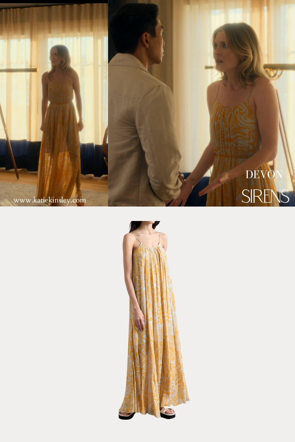 Netflix Sirens: Devon wearing yellow pattern maxi dress

#LTKStyleTip
