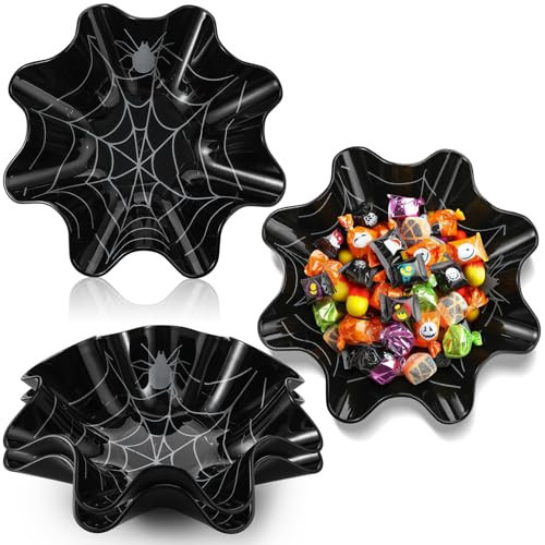 Tioncy 4 Pcs Halloween Spider Web Plastic Bowls 8 Inch Black Spider Web Reusable Snack Dishes Serving Tray for Scary Party Candy Treats Fruits Dish Serving Tableware Haunted House Supplies | Amazon (US)