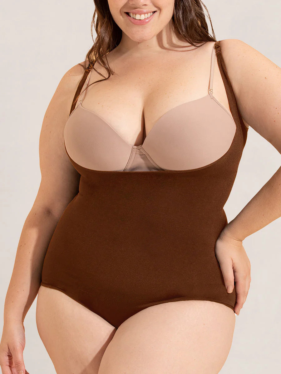 Shapermint Essentials Open Bust Bodysuit Shaper Panty Shapewear Chocolate M | Shapermint