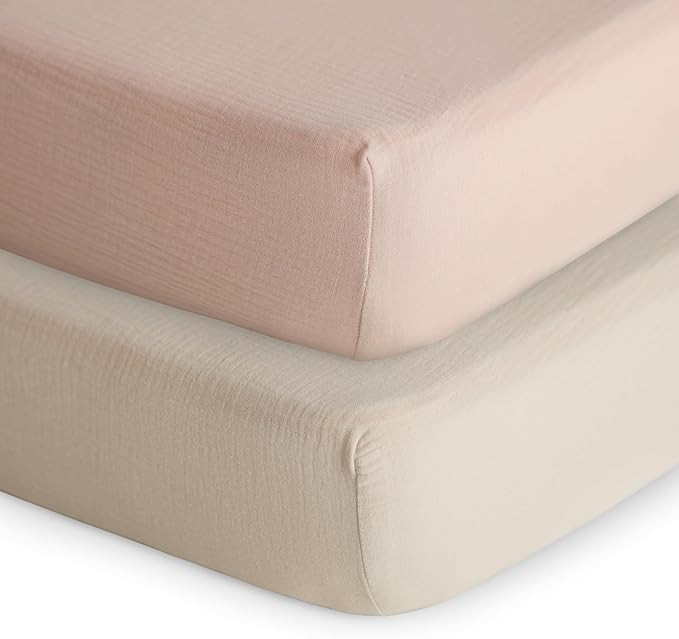 mushie Extra Soft Muslin Fitted Crib Sheet 2-Pack | 192 Thread Count | 28"x 52" (Blush/Fog) | Amazon (US)