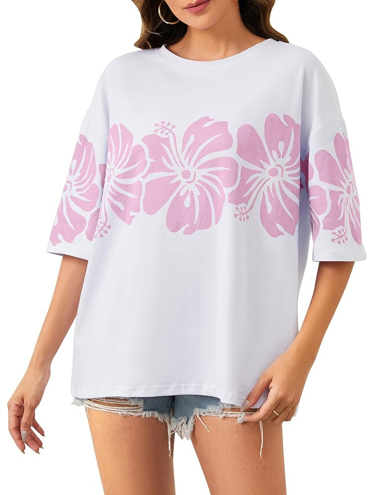 Cotton Oversized Hibiscus Tee Shirt for Women Floral Graphic Hawaiian T Shirts Casual Summer Vaca... | Amazon (US)