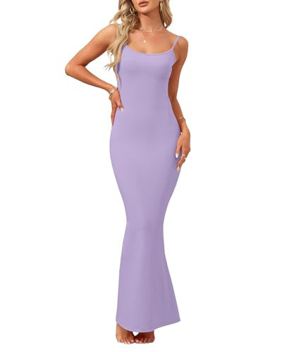 AUSELILY Womens Slip Maxi Dress Sexy Bodycon Dresses Sleeveless Square Neck Long Dress, Light Purple L | Amazon (US)