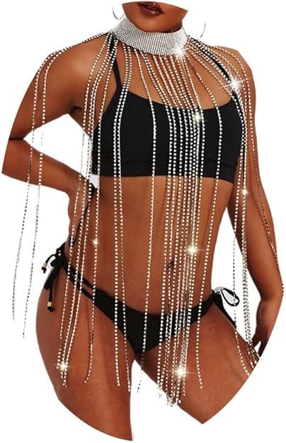 CanB Rhinestone Long Body Chain Sliver Crystal Tassel Choker Chains Necklace Bikini Beach Nightcl... | Amazon (US)