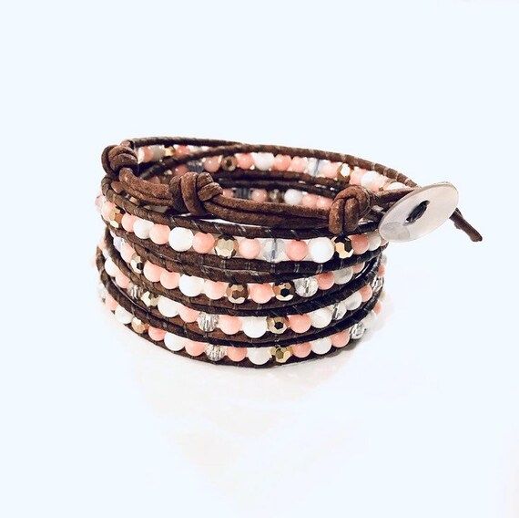 WRAPPED // Natural leather, pink coral, and Swarovski Crystal wrap bracelet // Leather Wrap // Su... | Etsy (US)